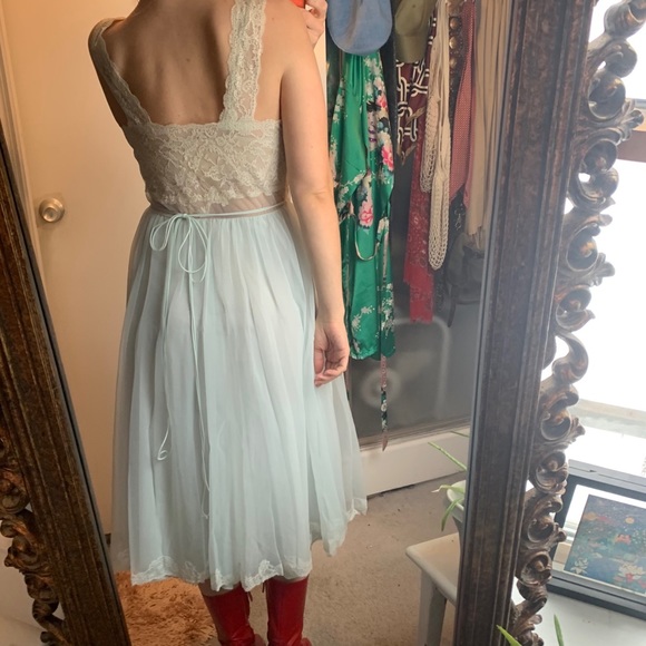 Vintage 60s Ice blue skirt lace bodice slip dress - Picture 10 of 13